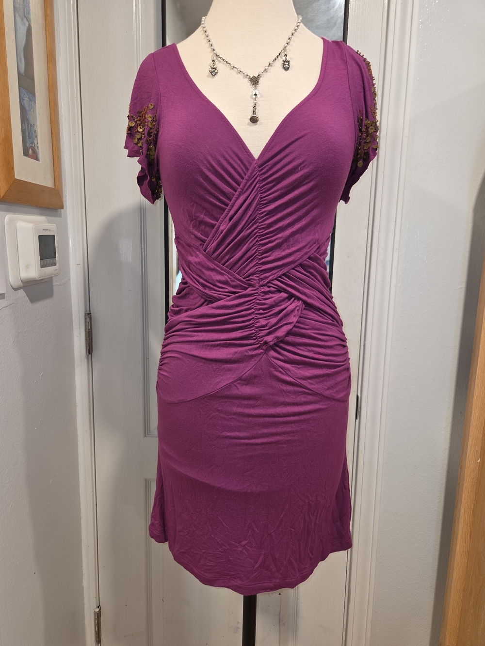 Free People Magenta Ruched V-Neck Midi Dress